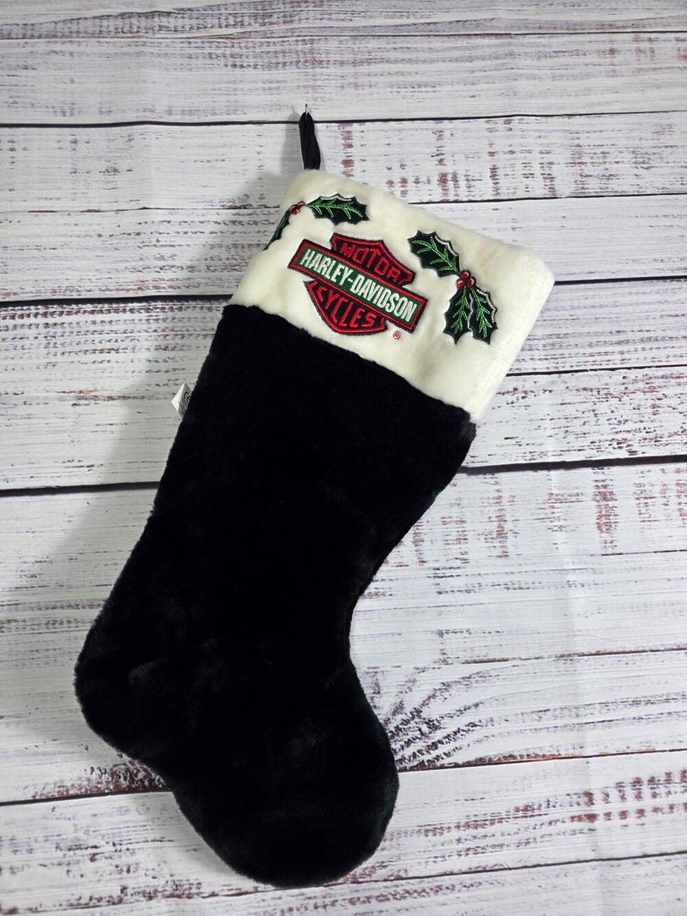 VTG Harley Davidson Christmas Stocking Black & White Plush